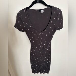 Divided Black Mini Dress with Pink Floral Pattern